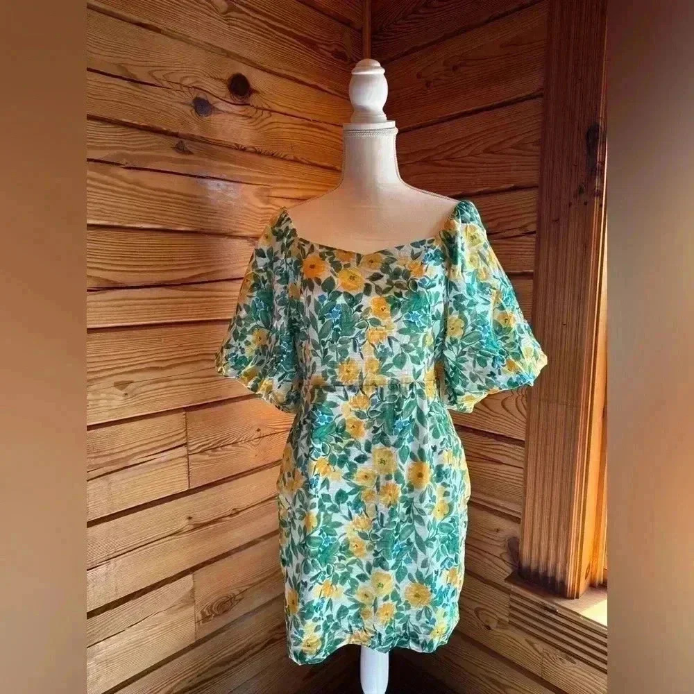 Floral Off-Shoulder Mini Dress in Yellow & Green